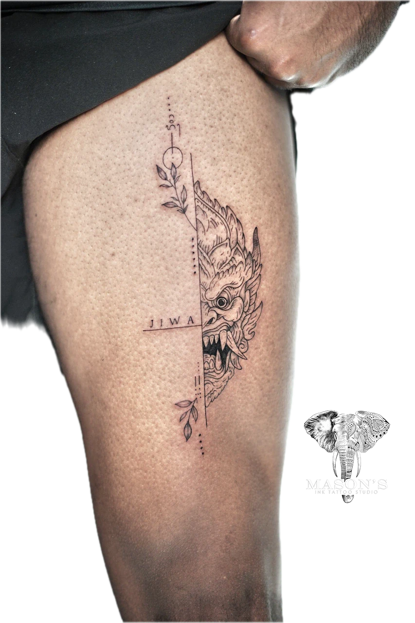 Fine Line Half Barong Script and Floral Leaf Tattoo Design by Mason's Ink Tattoo Studio, Bali