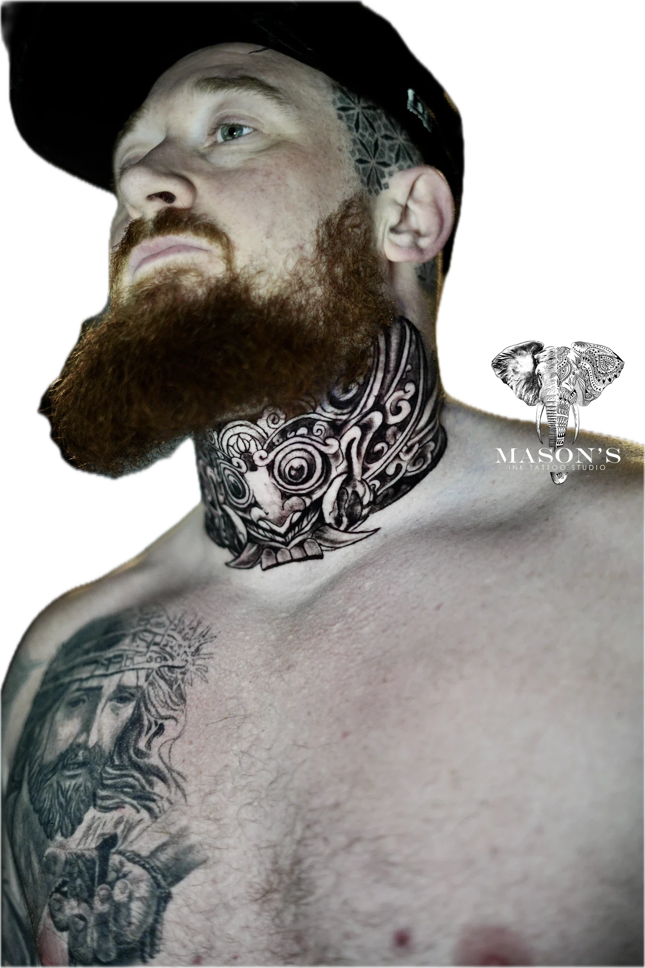 Full Balinese Barong on Neck tattoo by Mason's Ink Tattoo Studio, Bali