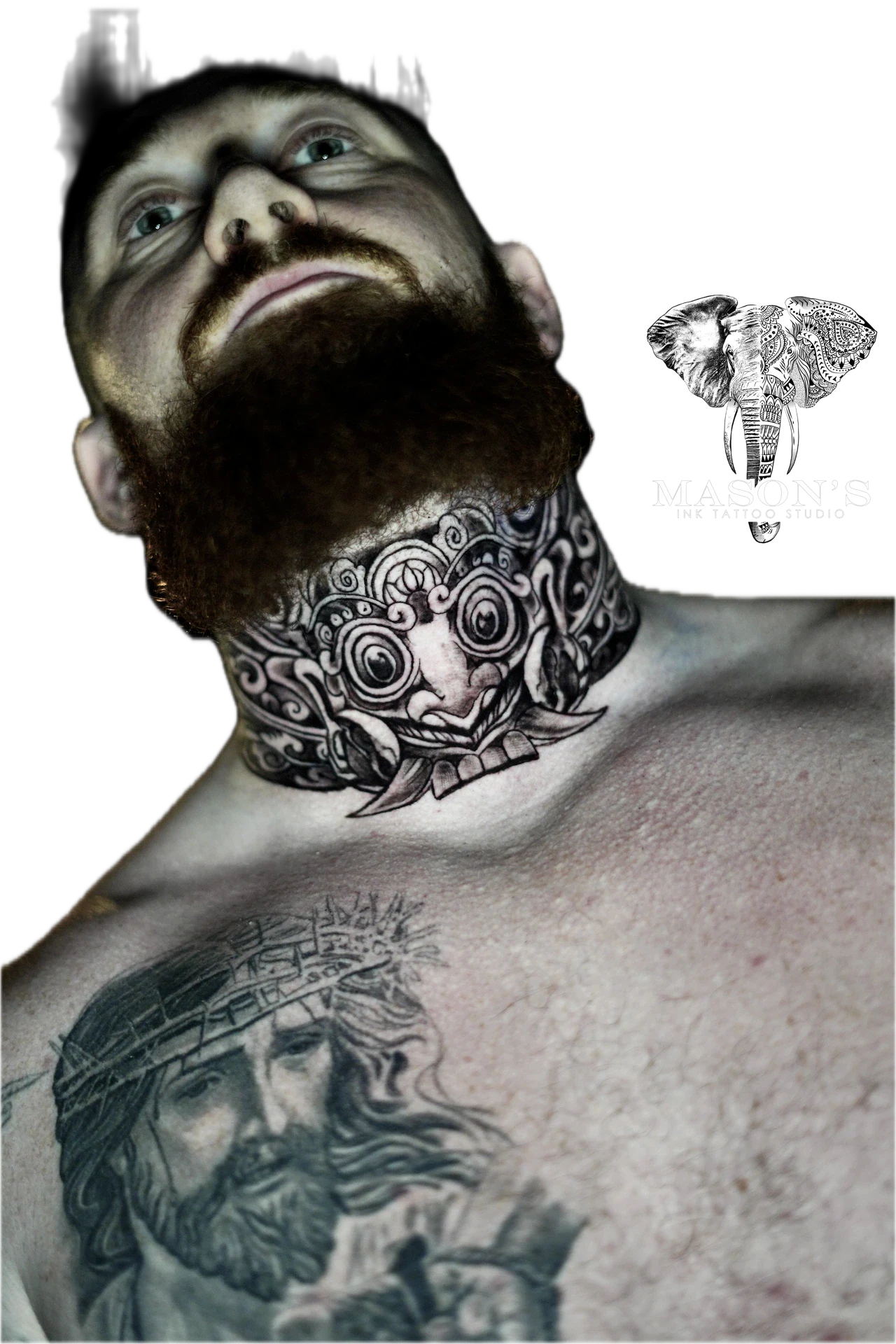 Full Barong Tattoo on Neck by Mason's Ink Tattoo Studio, Bali