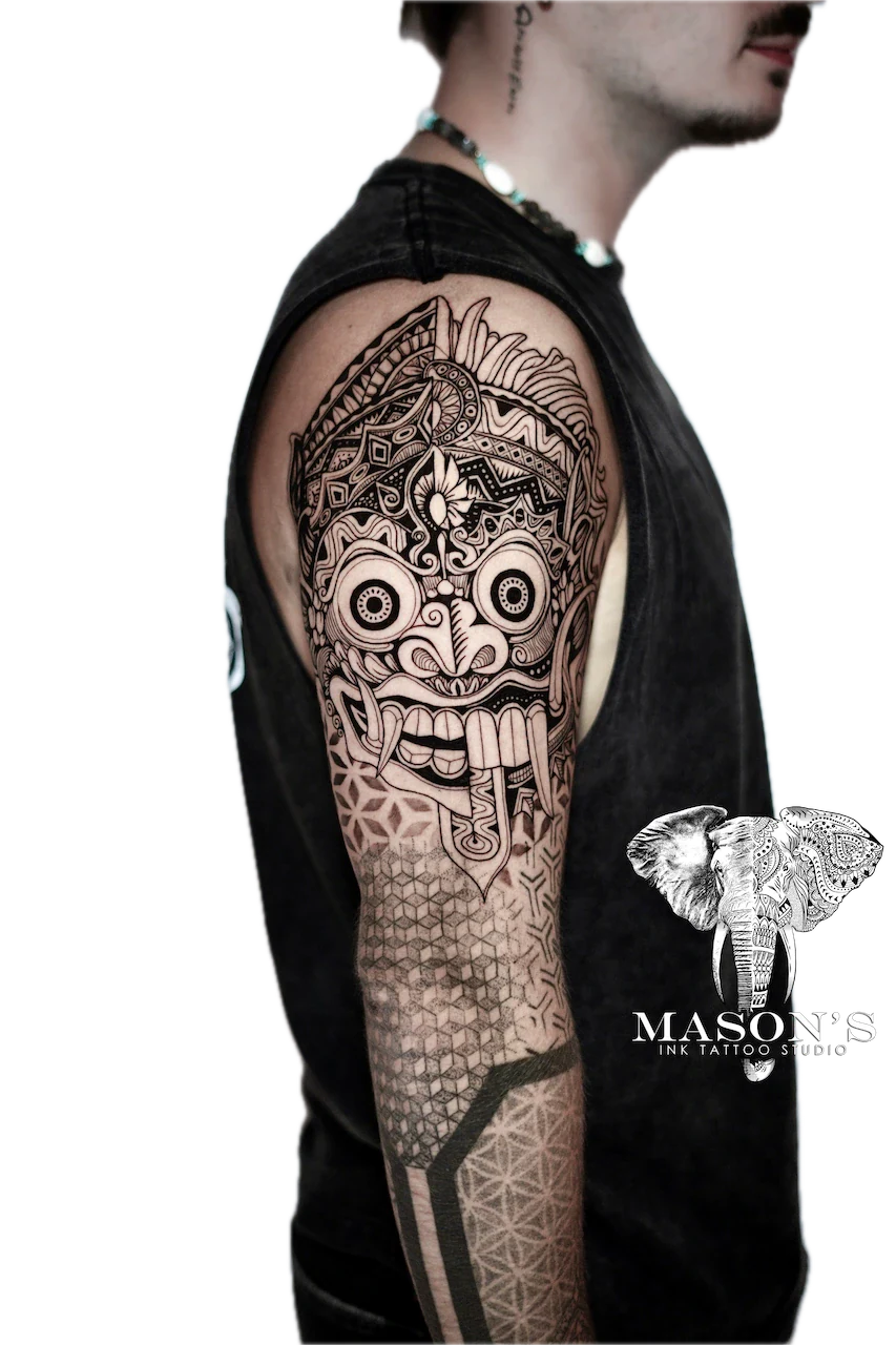 Half Barong Half Rangda Tattoo Design - Barong tattoo by Mason's Ink Tattoo Studio, Bali