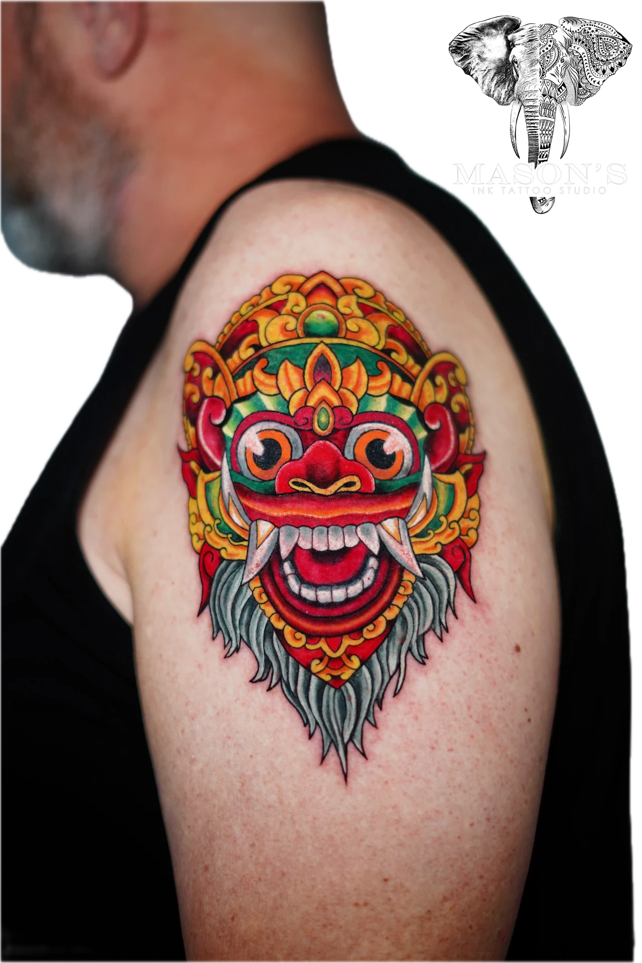 Barong Color on Chest tattoo by Mason's Ink Tattoo Studio, Bali