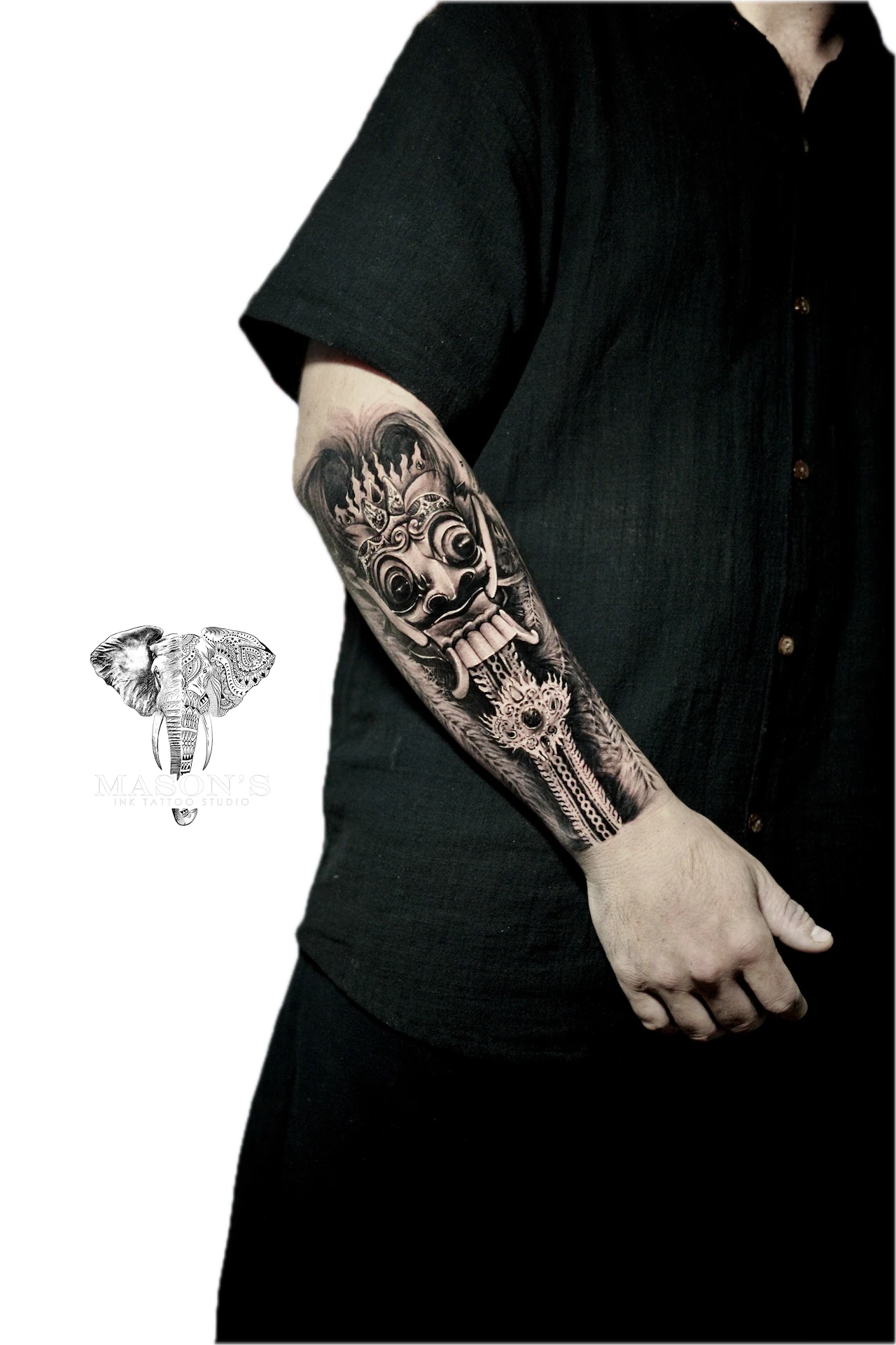 Balinese Barong Rangda tattoo by Mason's Ink Tattoo Studio, Bali