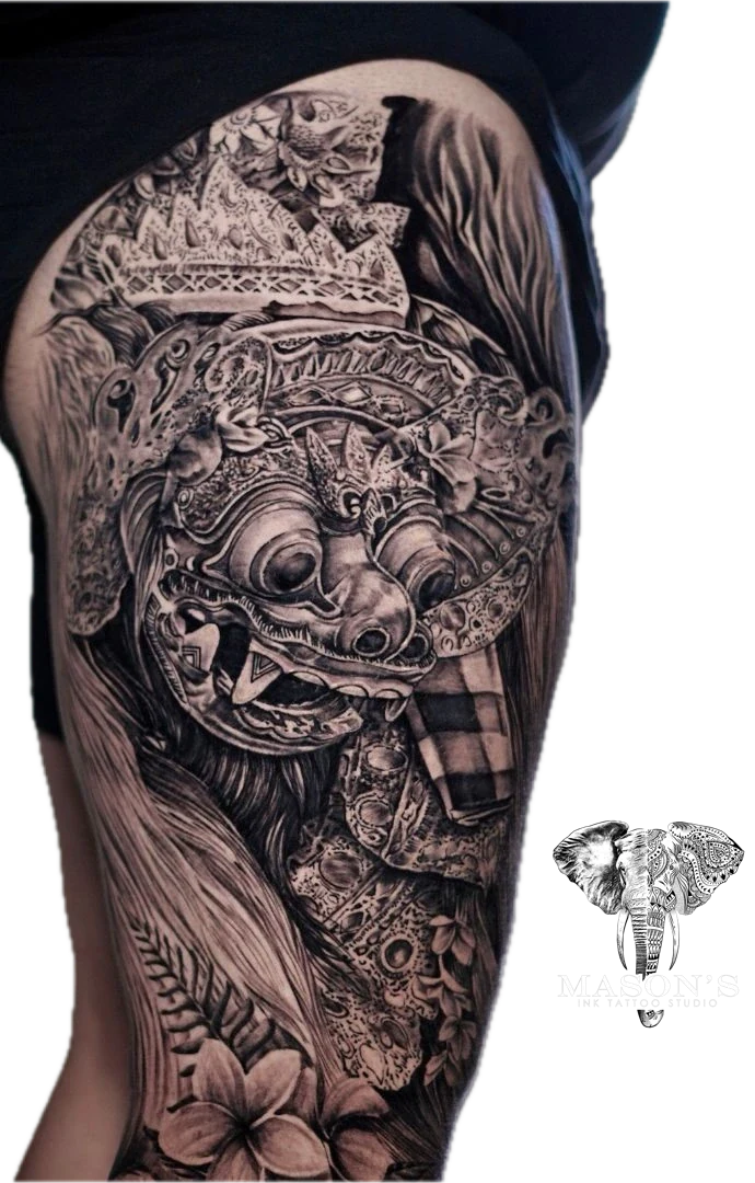 Barong Balinese Mitology Black Work and Realism tattoo by Mason's Ink Tattoo Studio, Bali