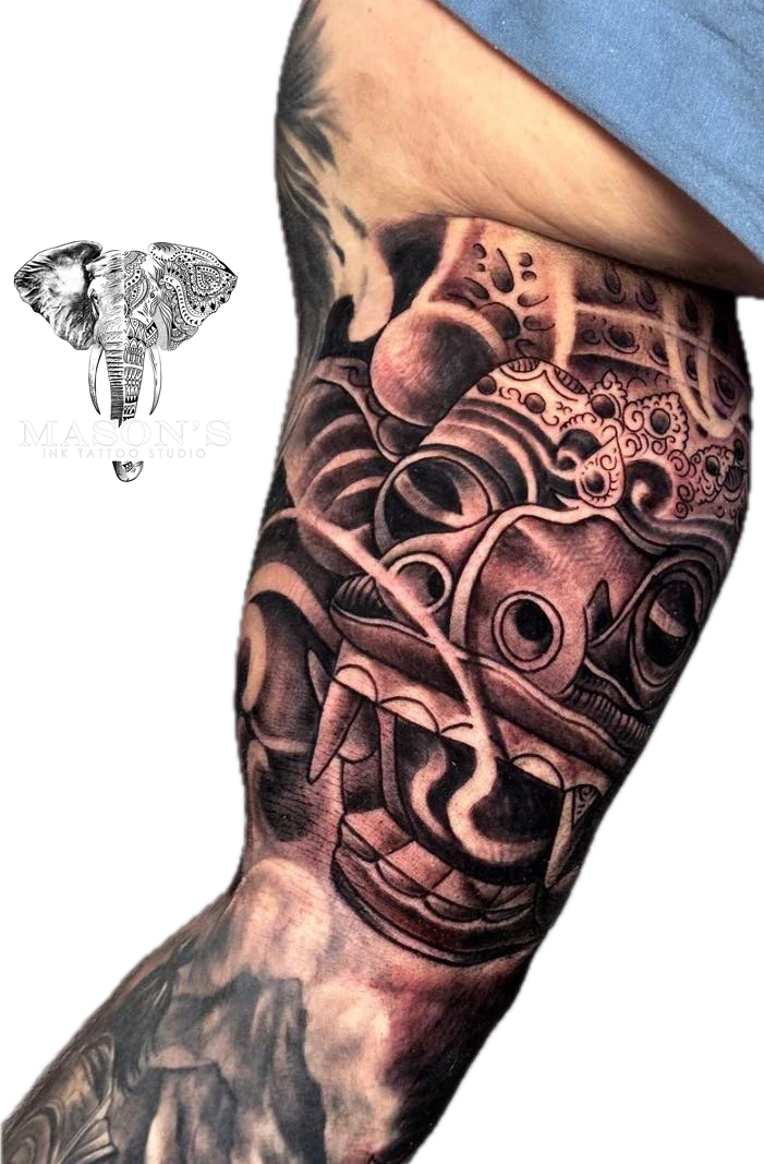Barong Face tattoo by Mason's Ink Tattoo Studio, Bali