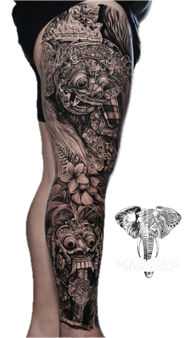 Barong and Rangda Black Work and Realism tattoo by Mason's Ink Tattoo Studio, Bali