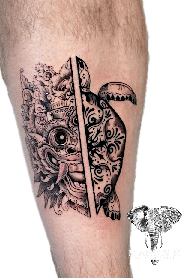 Barong and Turtle tattoo by Mason's Ink Tattoo Studio, Bali
