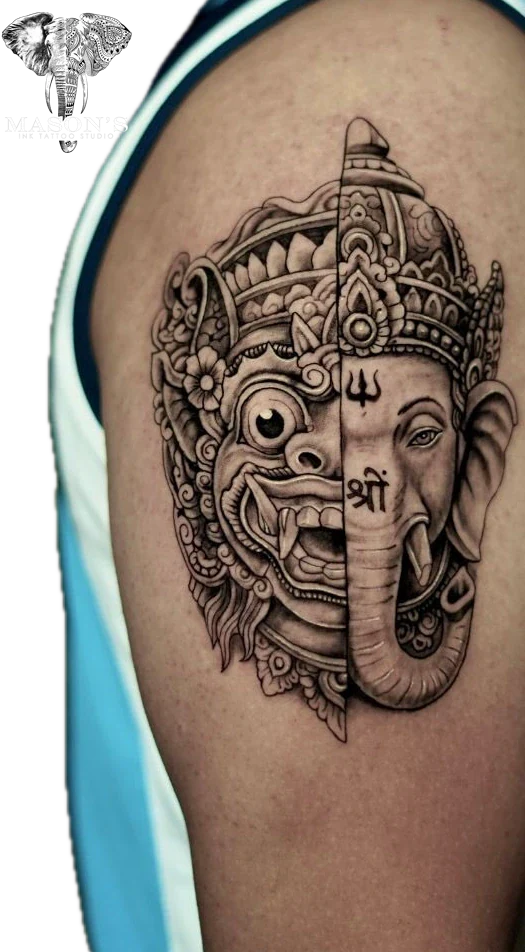 Mythology Realistic barong and ganesha Face tattoo by Mason's Ink Tattoo Studio, Bali