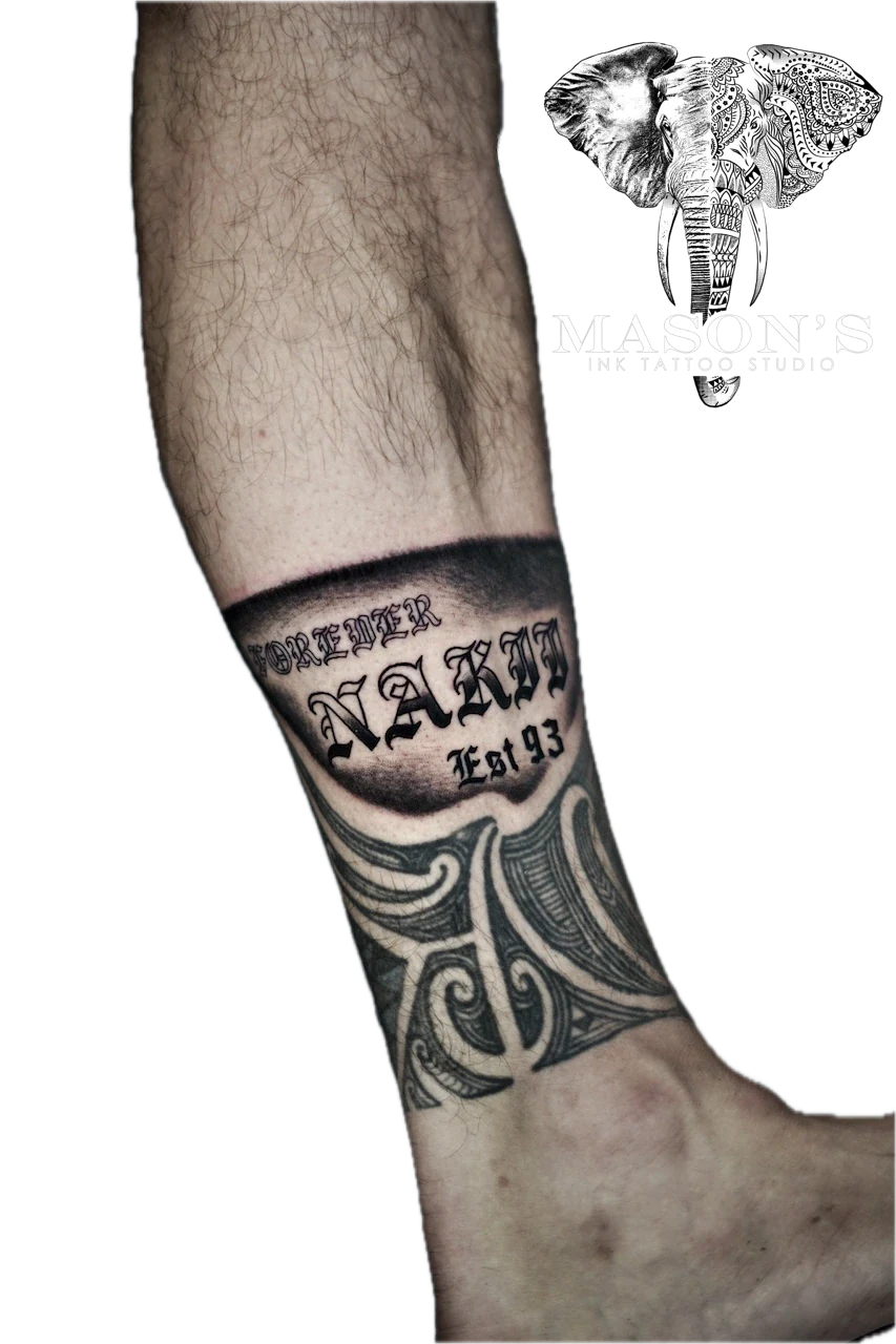 Black and Grey Script Tattoo Design by Mason's Ink Tattoo Studio, Bali