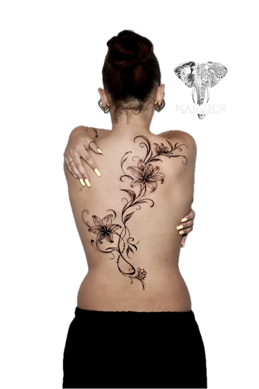Black and Grey Floral Tattoo Design by Mason's Ink Tattoo Studio, Bali