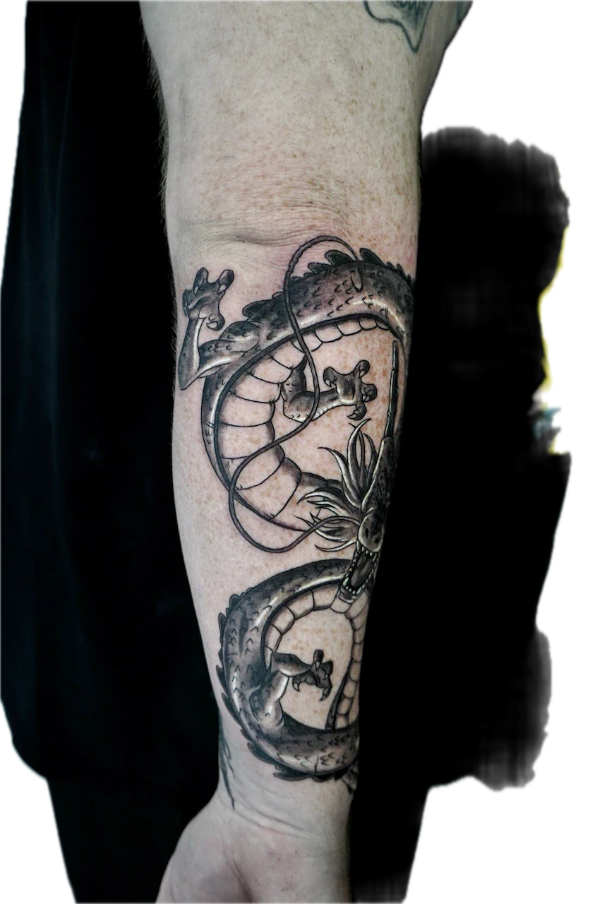 Black and Grey Dragon Tattoo Design: a detailed snake and turtle design with floral elements on a forearm