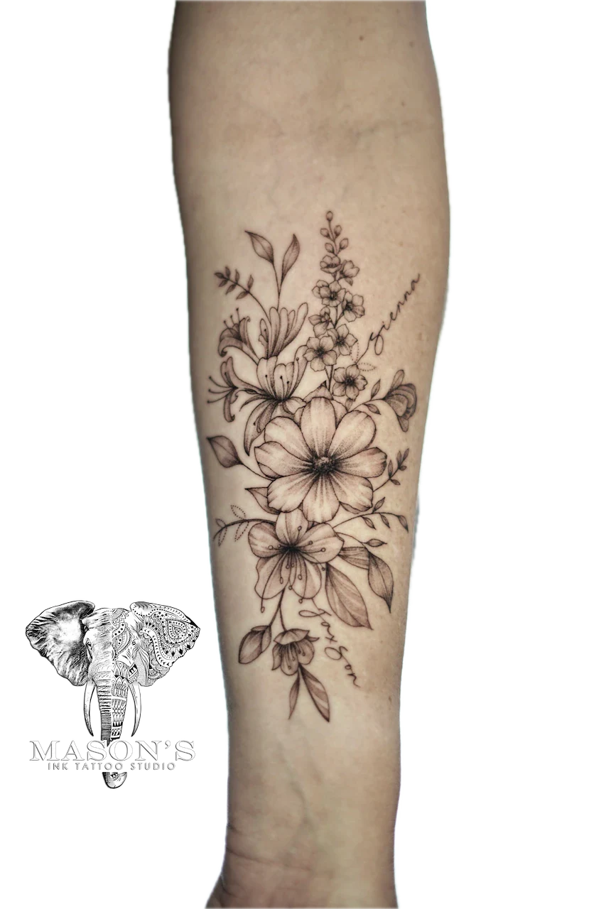 Black and Grey Floral Tattoo Design: a large floral design on the calf with intricate details