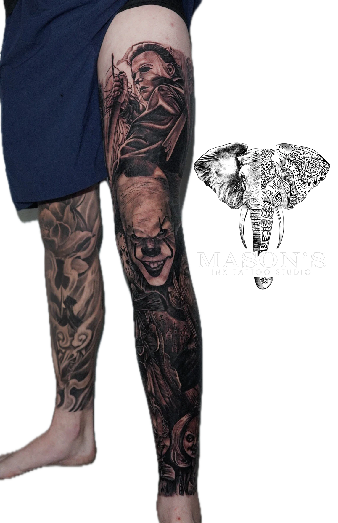 Black and Grey Realism Clown Tattoo Design: a full leg tattoo featuring a clown and a woman with ornamental patterns