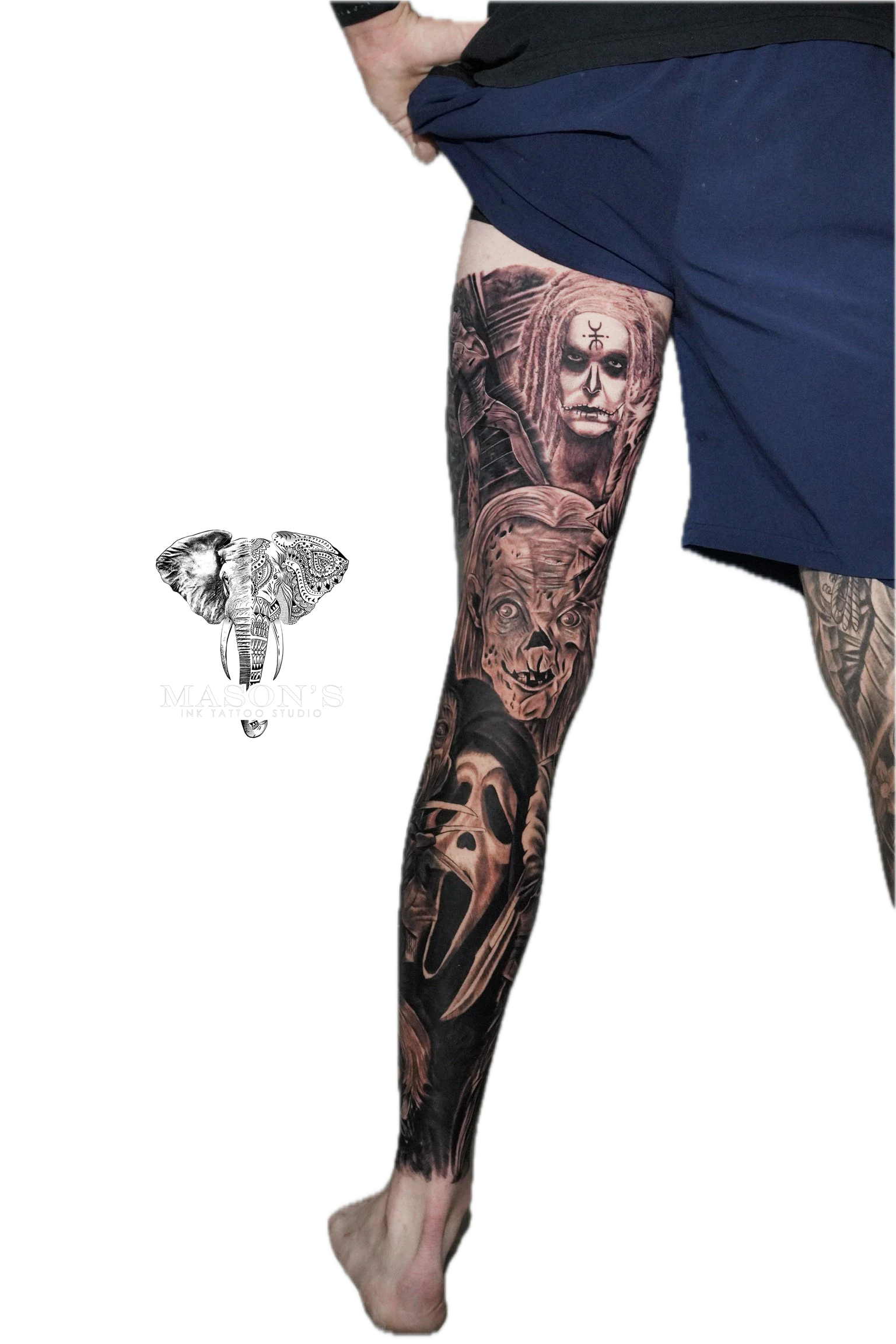 Black and Grey Realism Woman Tattoo Design: a full leg tattoo of multiple faces and skulls with dark themes