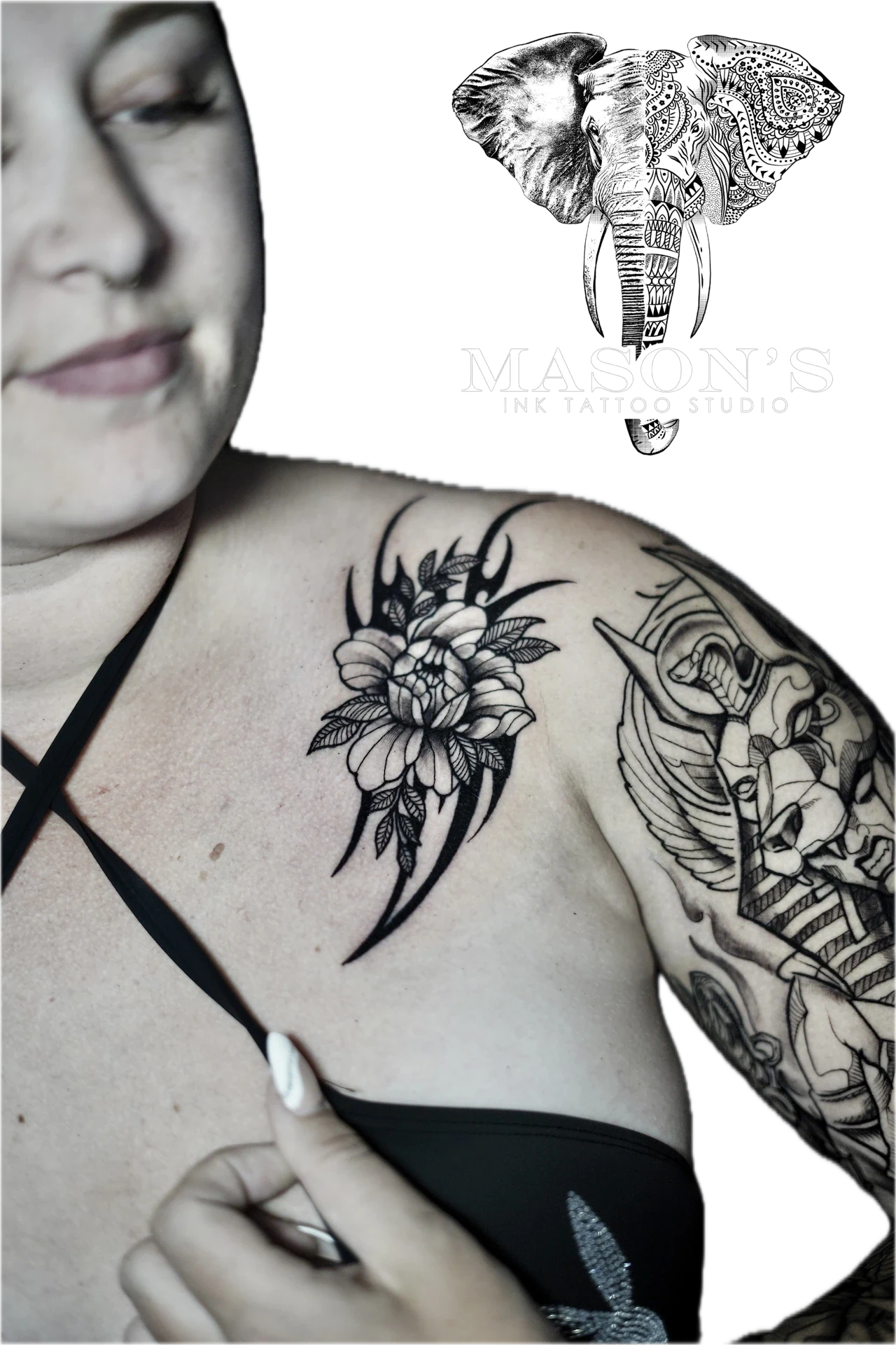 Black And Grey, Black Work Floral tattoo by Mason's Ink Tattoo Studio, Bali