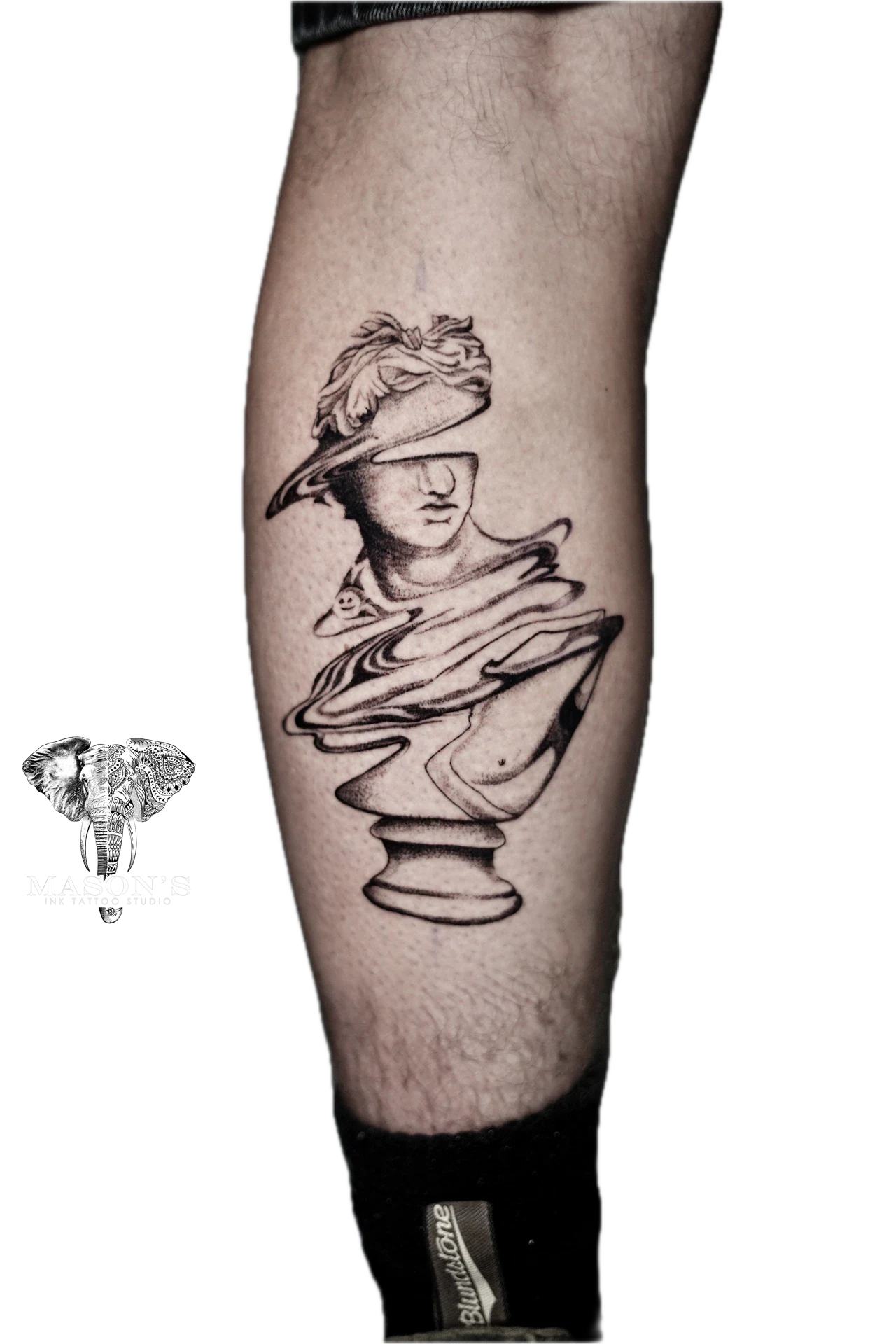 Black And Grey Realism Roman Statue Tattoo by Mason's Ink Tattoo Studio, Bali