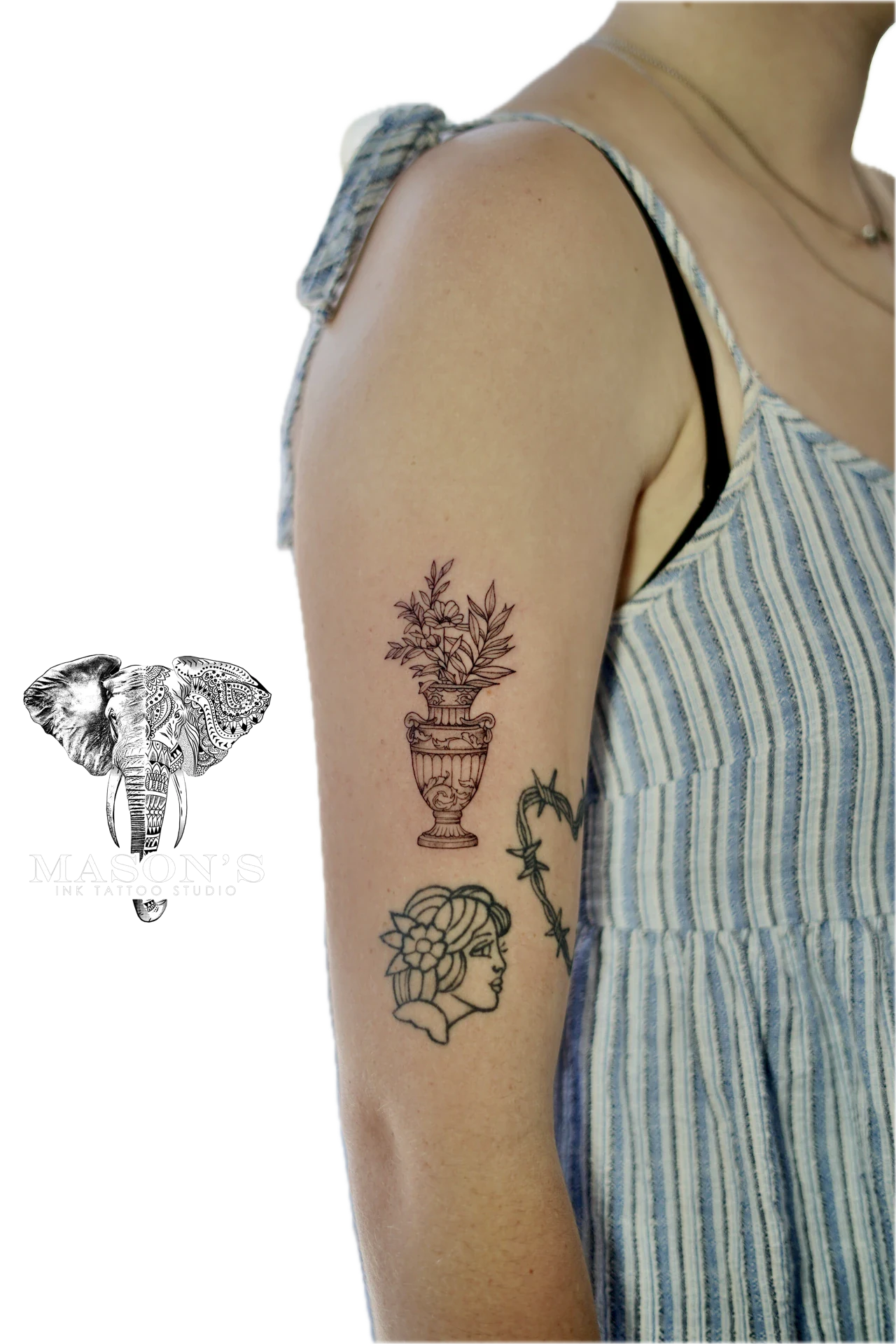 Black And Grey Victory Vase with Flower and Plant tattoo by Mason's Ink Tattoo Studio, Bali