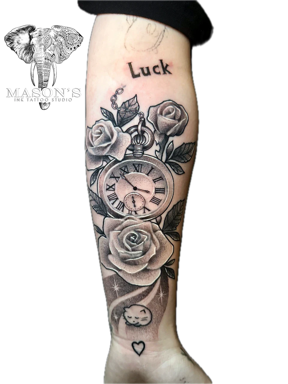 Black & Grey Floral Compass Tattoo - Black & Grey tattoo by Mason's Ink Tattoo Studio, Bali