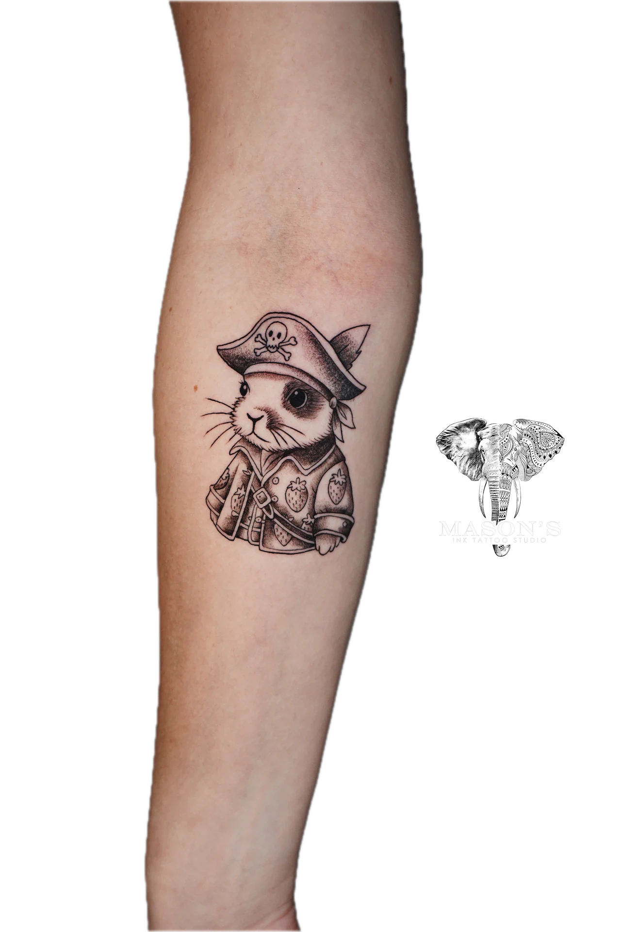 Black and Grey Rabbit Tattoo Design: a cat dressed as a pirate on a calf