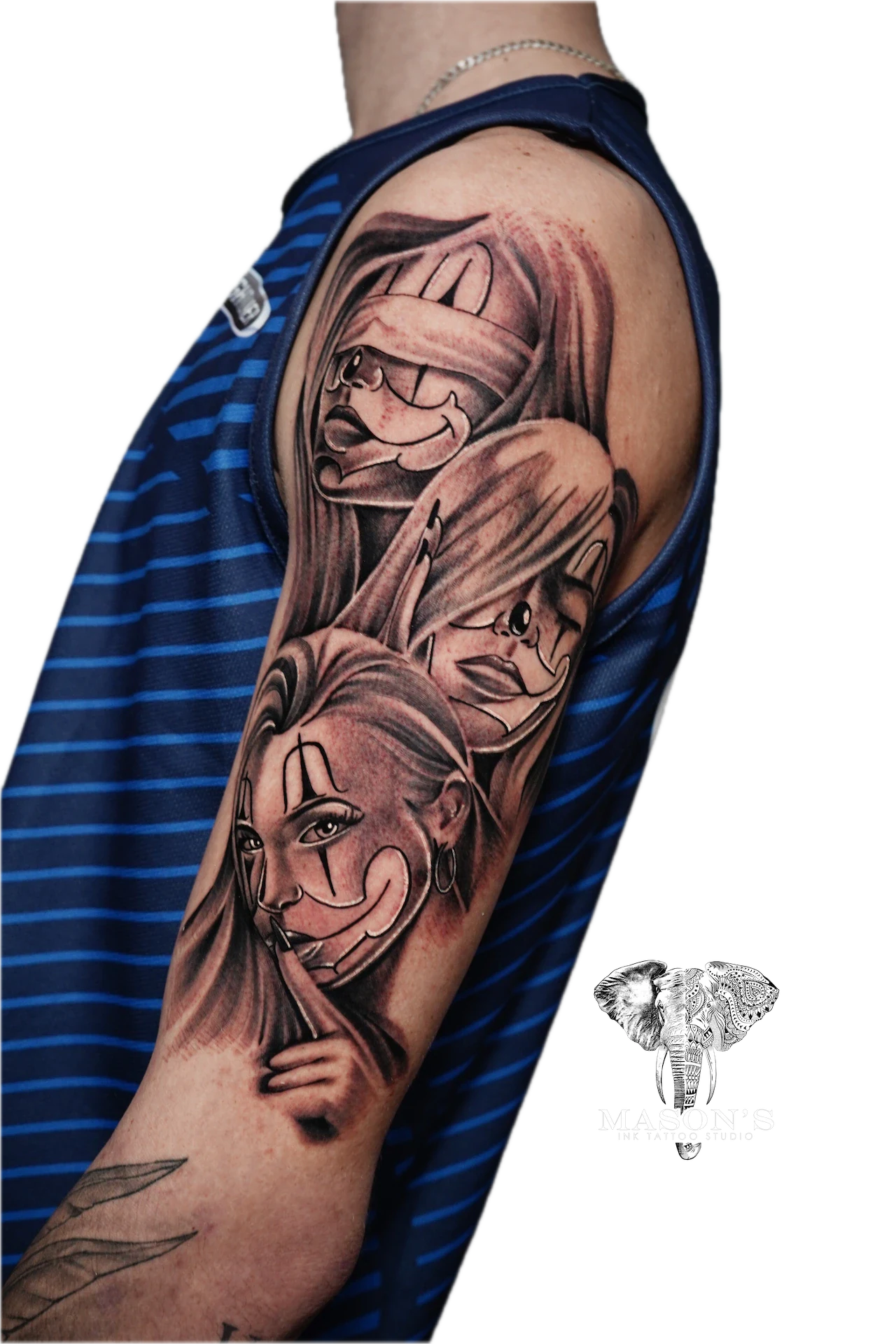Black and Grey Realism Tattoo Design: a detailed black and grey portrait of a woman on an upper arm