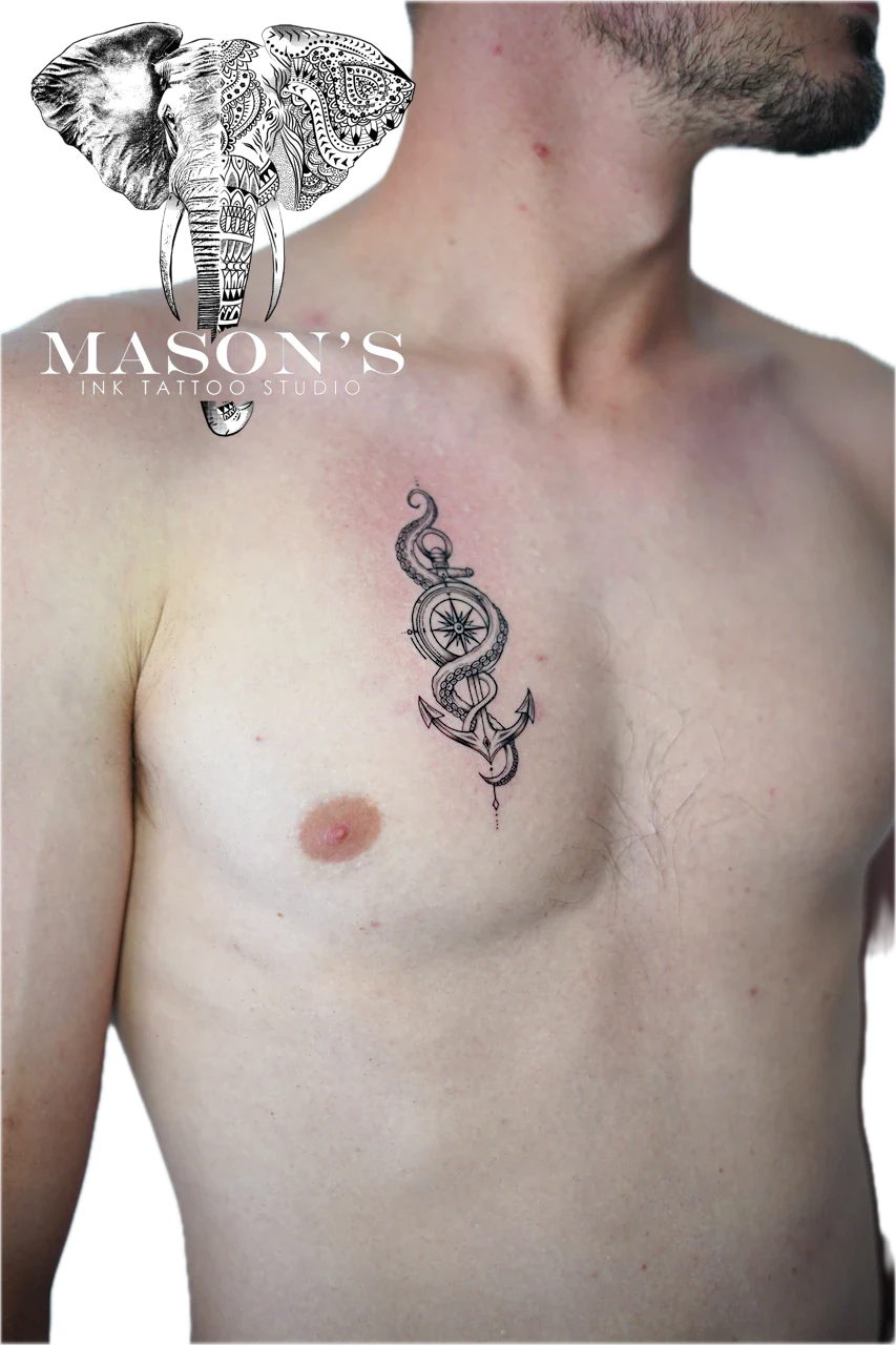 Black and Grey Anchor and Tentacles Tattoo Design by Mason's Ink Tattoo Studio, Bali