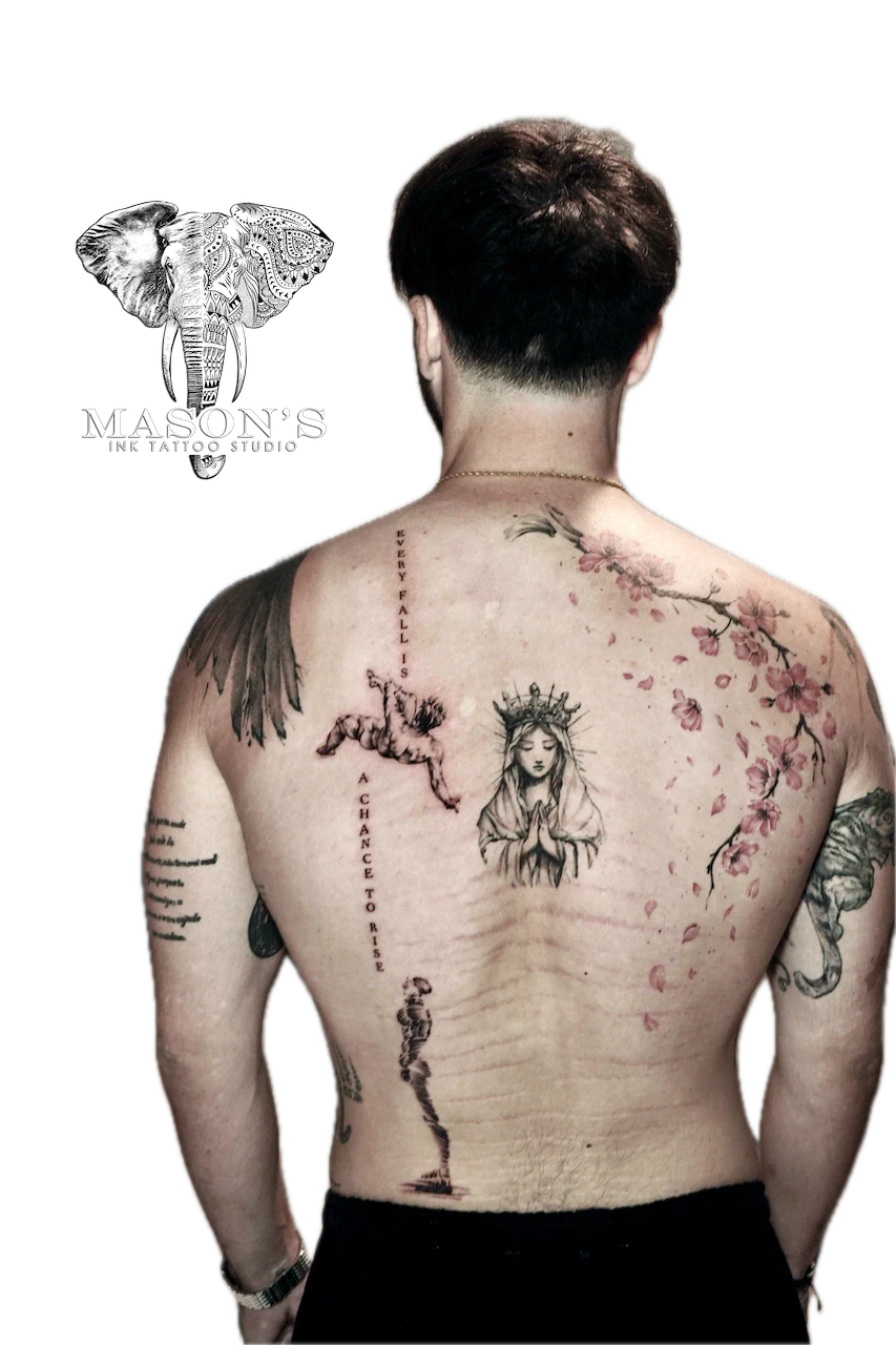 Black and Grey Angel Memorial Tattoo Design - Black & Grey tattoo by Mason's Ink Tattoo Studio, Bali