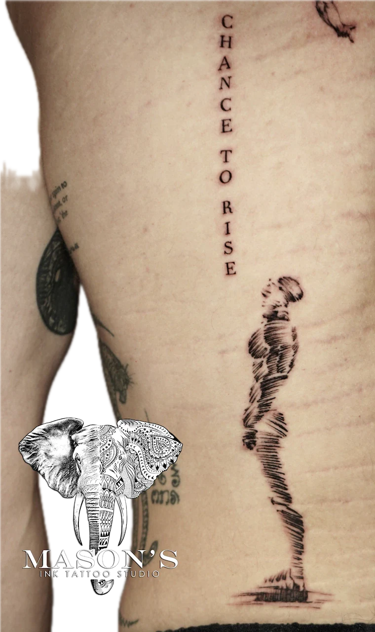 Black and Grey Angel Script Tattoo Design - Black & Grey tattoo by Mason's Ink Tattoo Studio, Bali