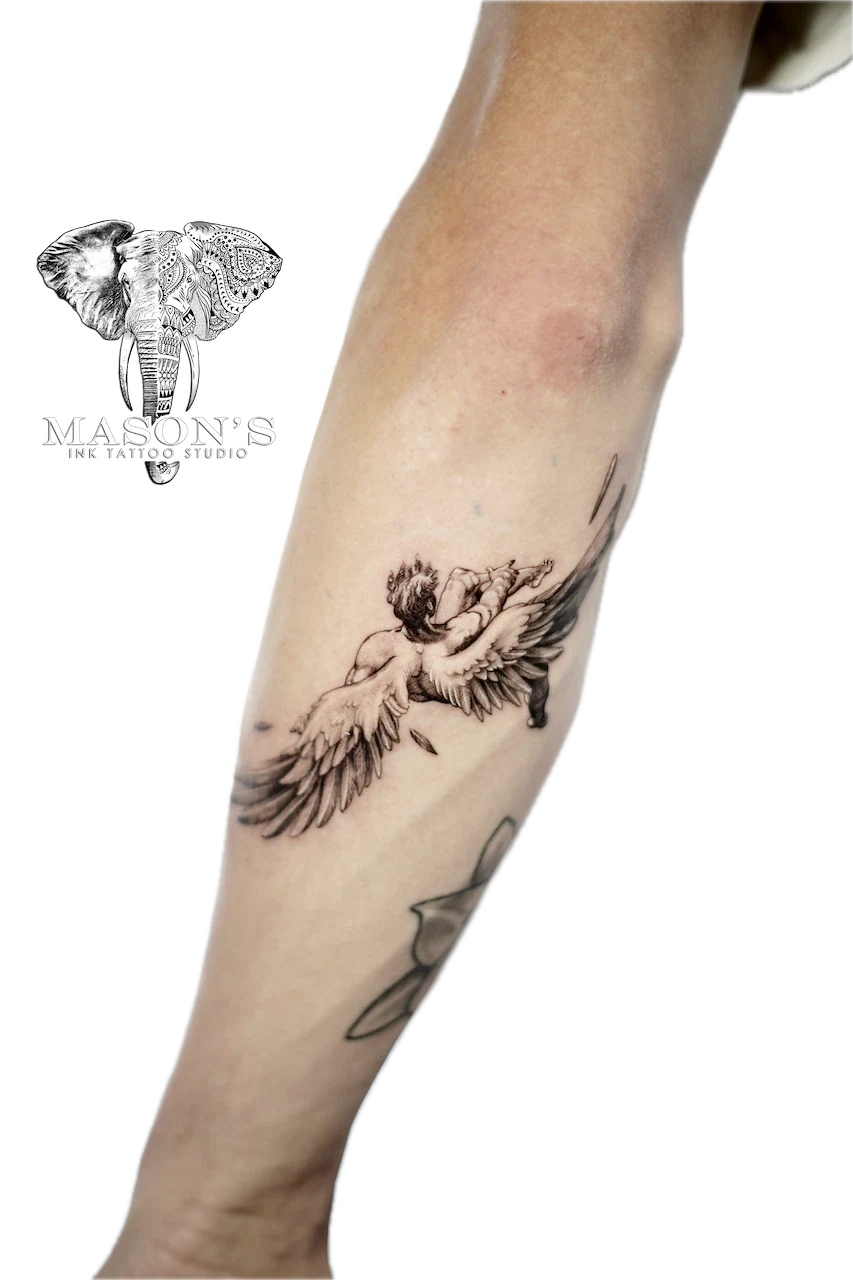 Black and Grey Angel Tattoo Design - Black & Grey tattoo by Mason's Ink Tattoo Studio, Bali