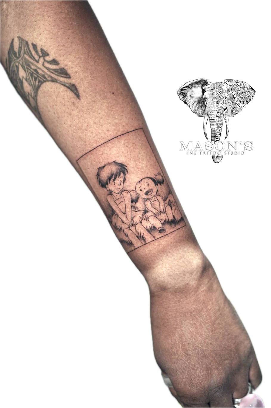 Black and Grey Anime Frame Tattoo Design - Black & Grey tattoo by Mason's Ink Tattoo Studio, Bali