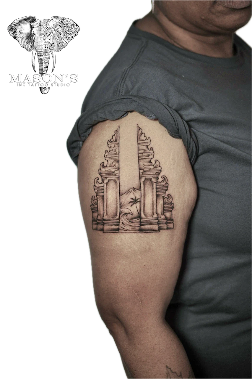 Black and Grey Bali Temple Tattoo Design - Black & Grey tattoo by Mason's Ink Tattoo Studio, Bali