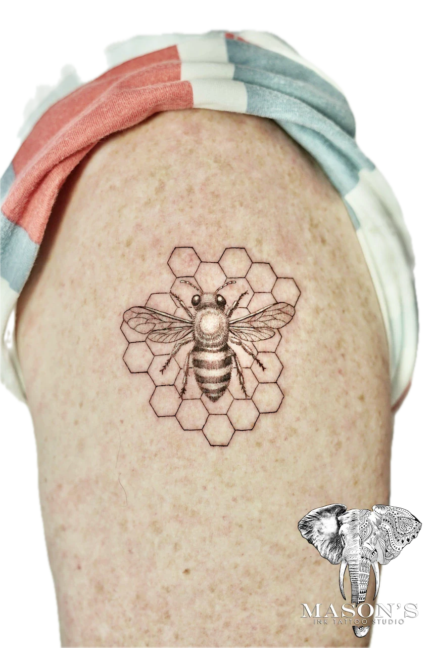 Black and Grey Bee Tattoo Design - Black & Grey tattoo by Mason's Ink Tattoo Studio, Bali