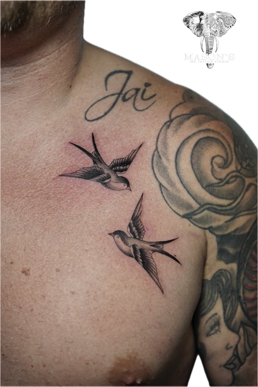 Black and Grey Bird Chest Tattoo Design - Black & Grey tattoo by Mason's Ink Tattoo Studio, Bali