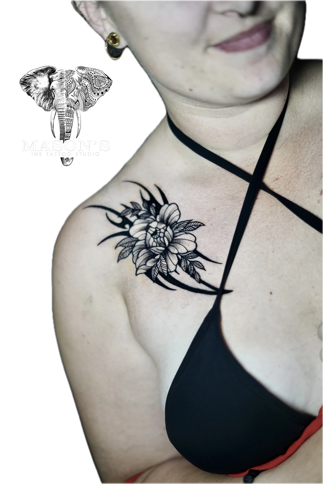 Black and Grey, Black Work with Floral Tattoo by Mason's Ink Tattoo Studio, Bali
