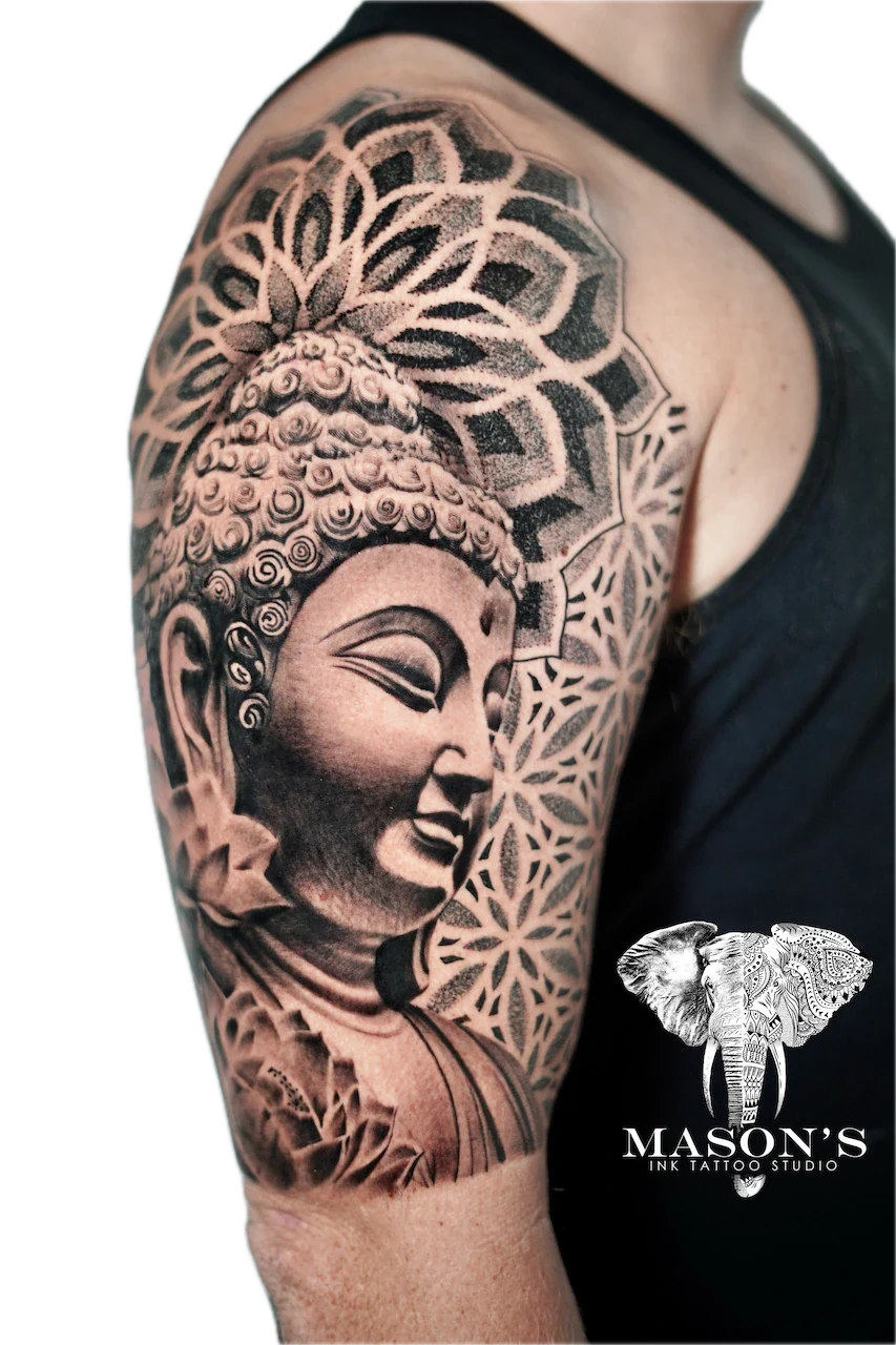 Black and Grey Buddha Mandala Tattoo Design - Black & Grey tattoo by Mason's Ink Tattoo Studio, Bali
