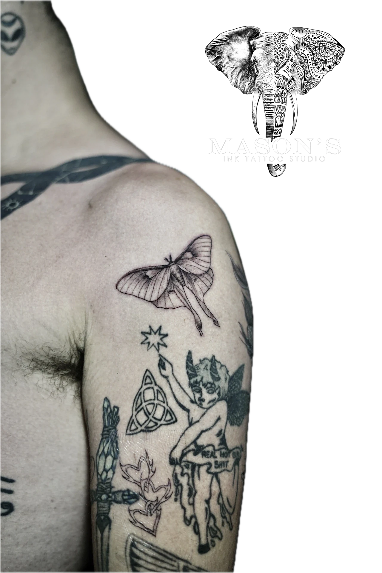 Black and Grey Butterfly Tattoo by Mason's Ink Tattoo Studio, Bali