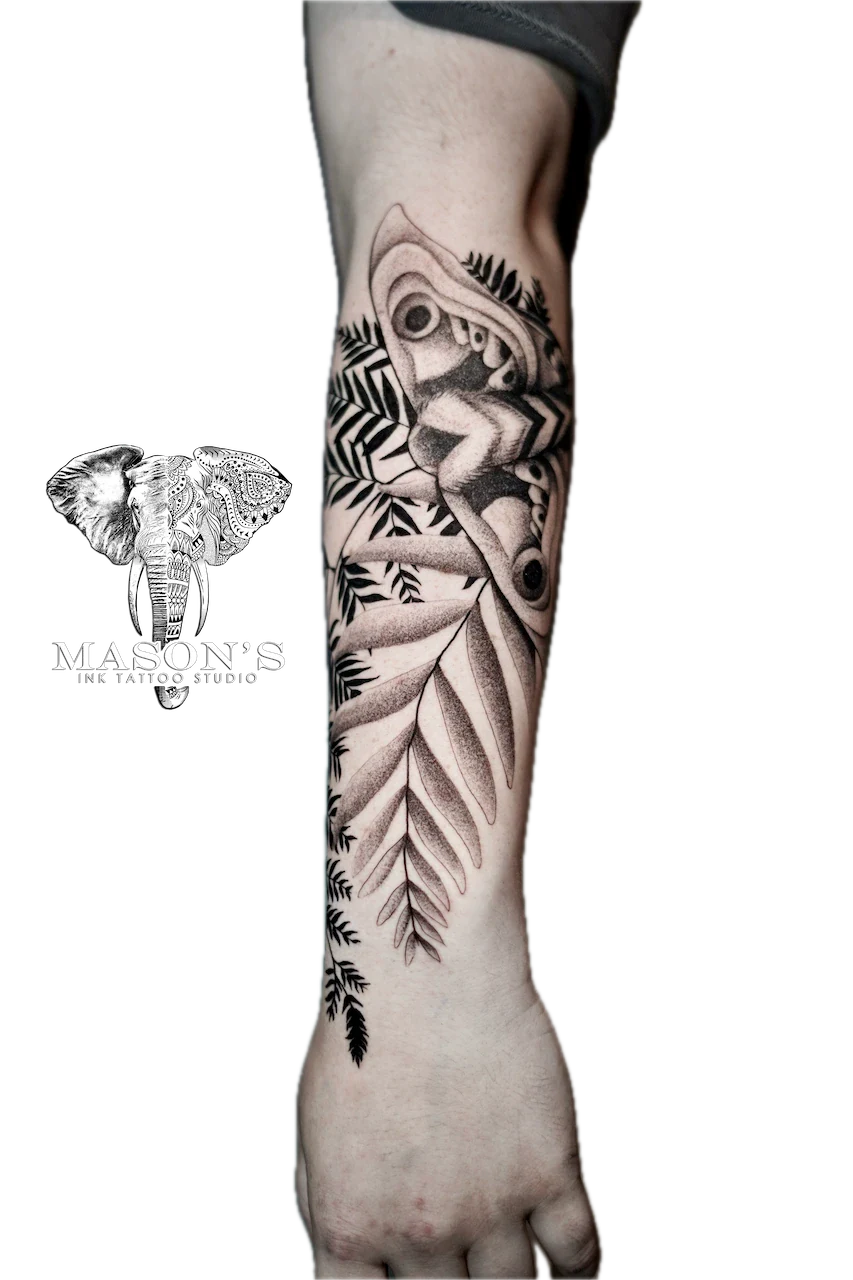 Black and Grey Butterfly and Leaves Tattoo Design - Black & Grey tattoo by Mason's Ink Tattoo Studio, Bali