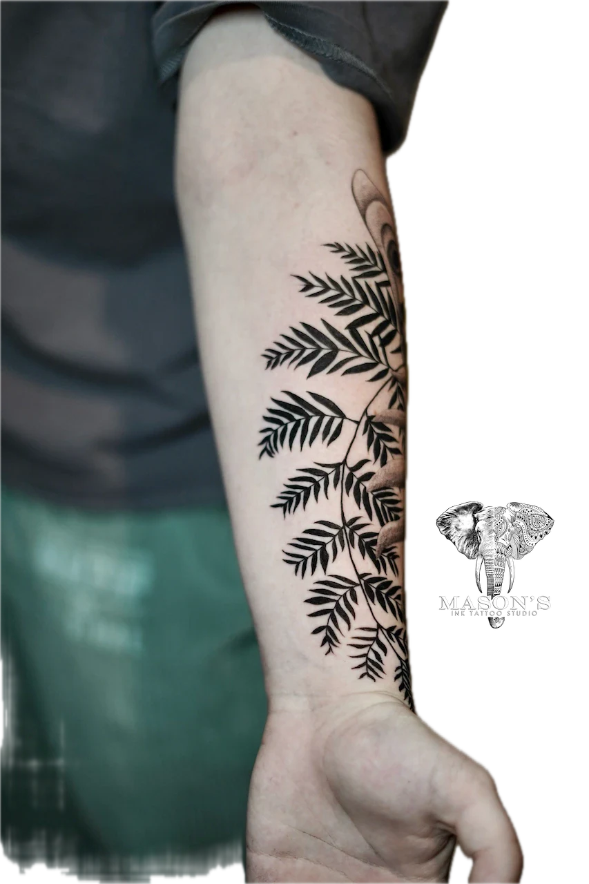 Black and Grey Butterfly with Leaves Tattoo Design - Black & Grey tattoo by Mason's Ink Tattoo Studio, Bali