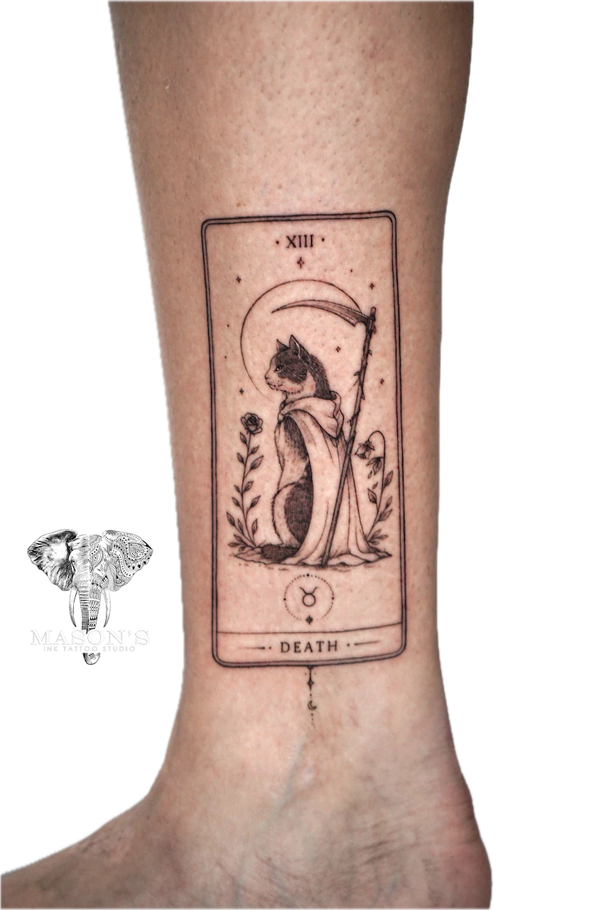 Black and Grey Cat Portrait Tattoo Design - Black & Grey tattoo by Mason's Ink Tattoo Studio, Bali