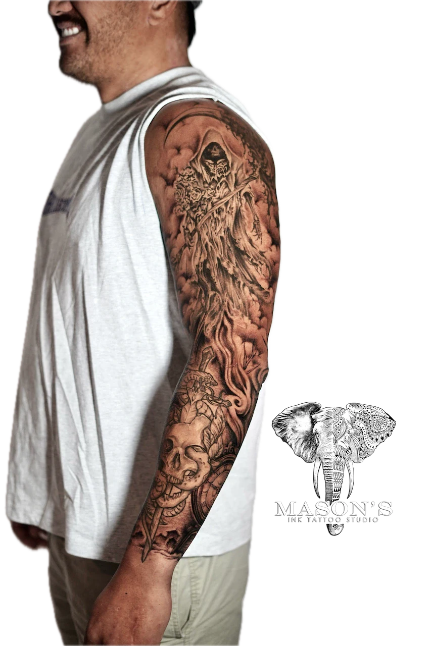 Black and Grey Cloud Background Tattoo Design - Black & Grey tattoo by Mason's Ink Tattoo Studio, Bali
