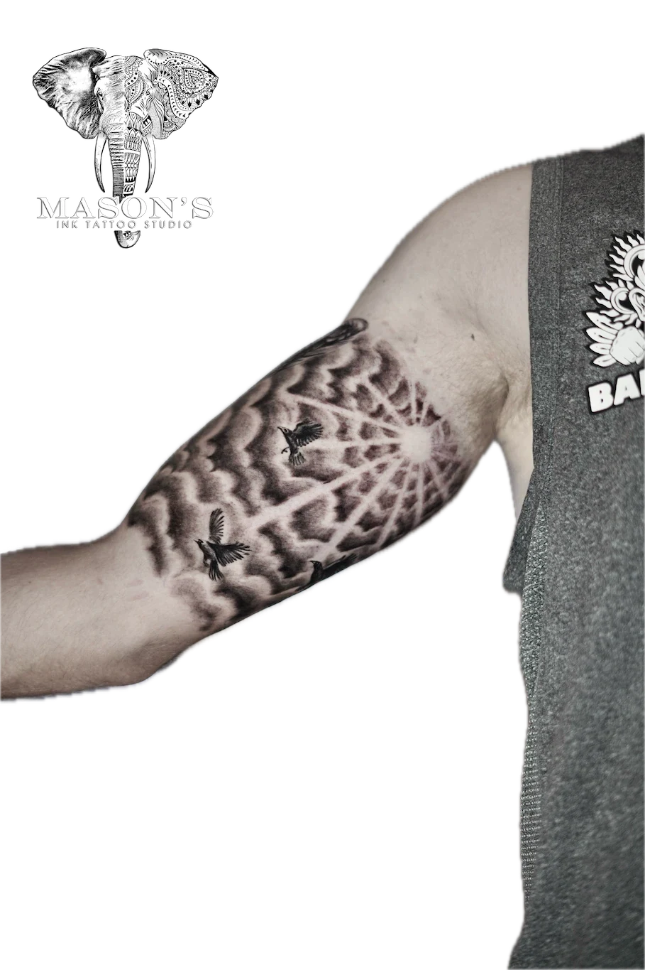 Black and Grey Clouds and Birds Tattoo Design - Black & Grey tattoo by Mason's Ink Tattoo Studio, Bali