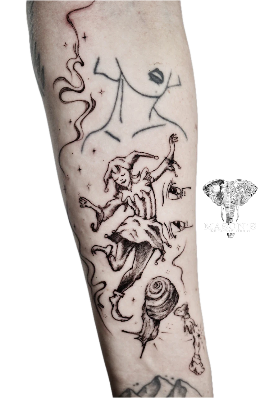 Black and Grey Clown Tattoo Design by Mason's Ink Tattoo Studio, Bali
