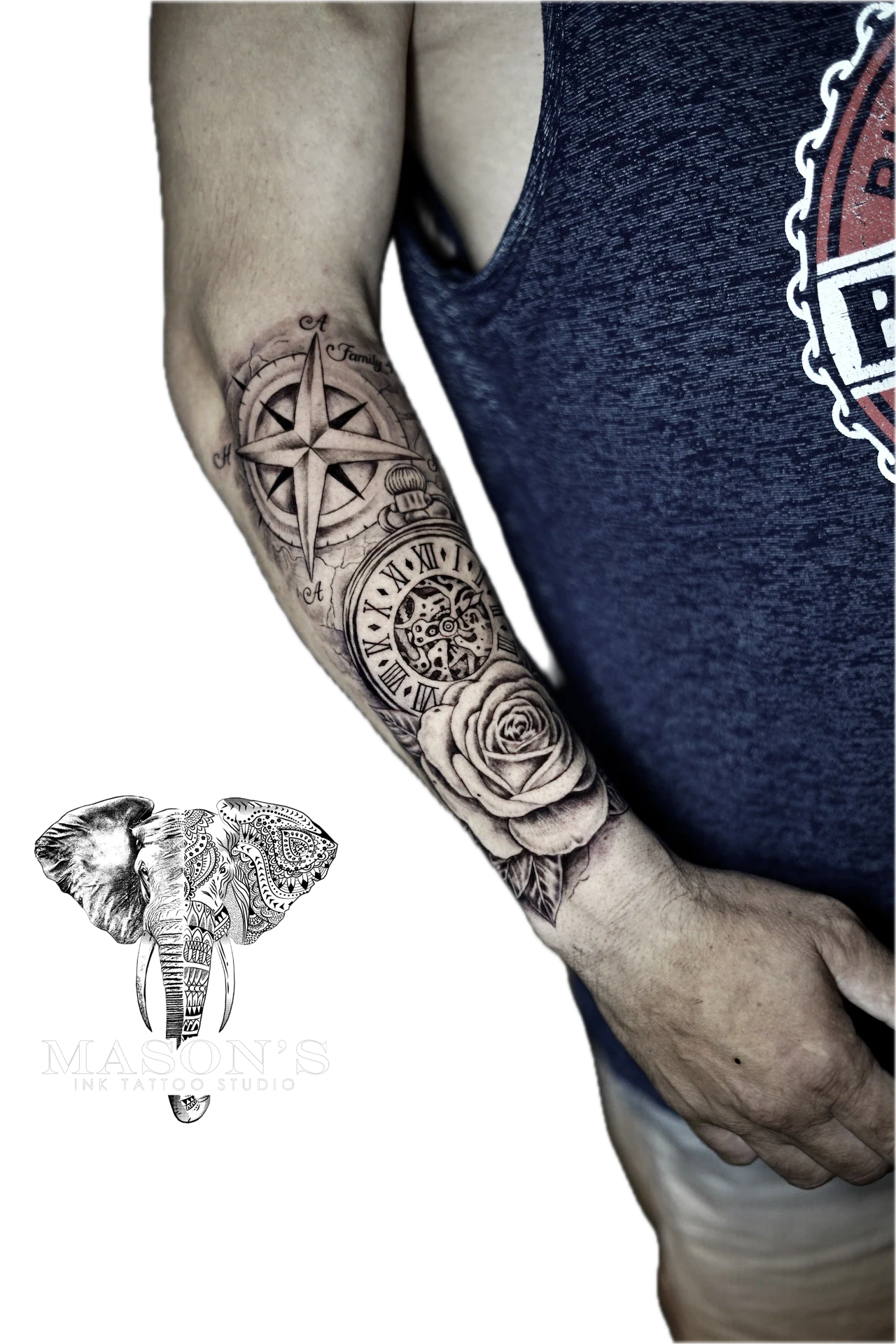 Black and Grey Compas, Clock and Rose Tattoo by Mason's Ink Tattoo Studio, Bali