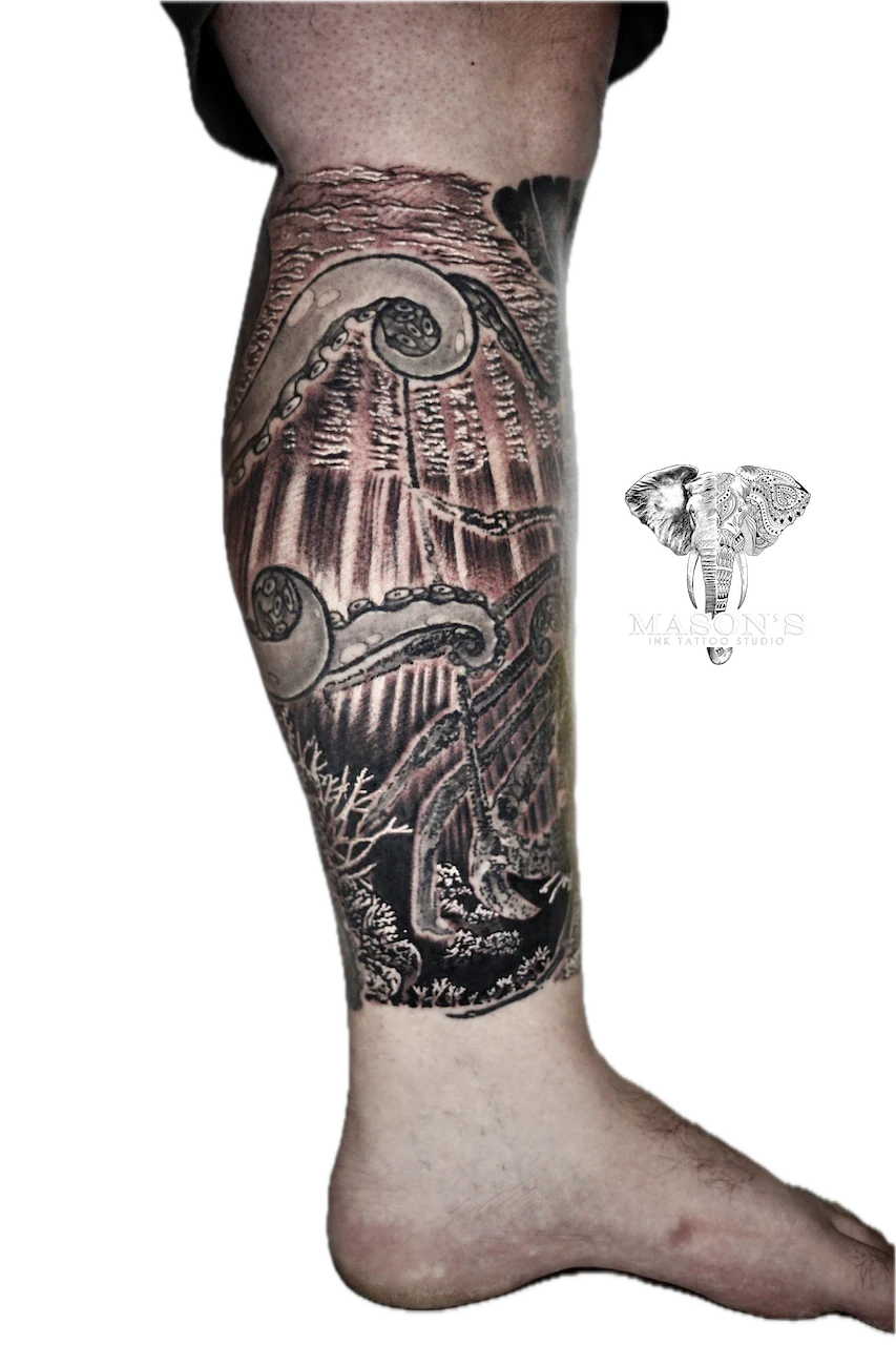 Black and Grey Coral Sea Tattoo Design - Black & Grey tattoo by Mason's Ink Tattoo Studio, Bali