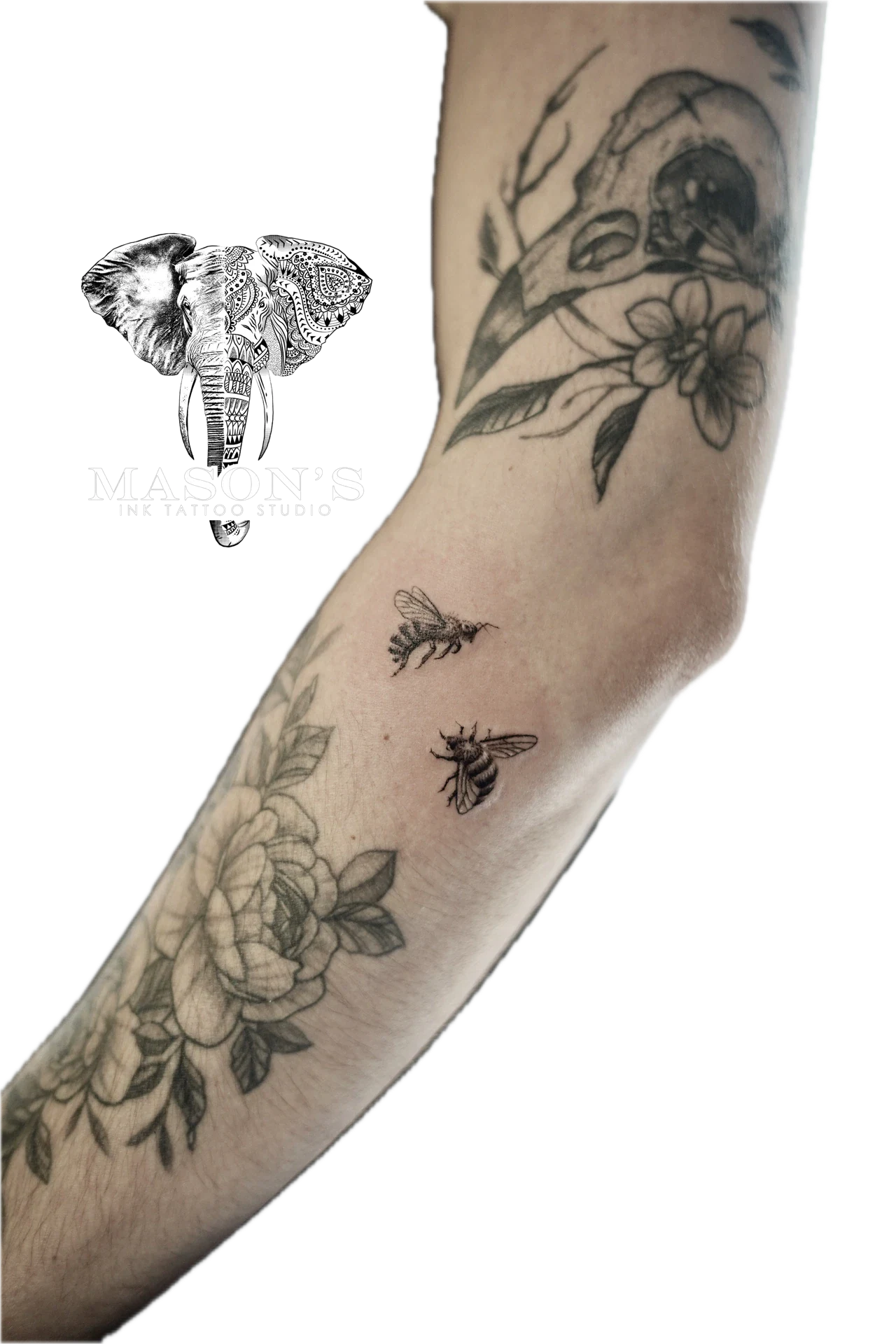 Black and Grey Couple Bee Flying Around Hand Tattoo by Mason's Ink Tattoo Studio, Bali