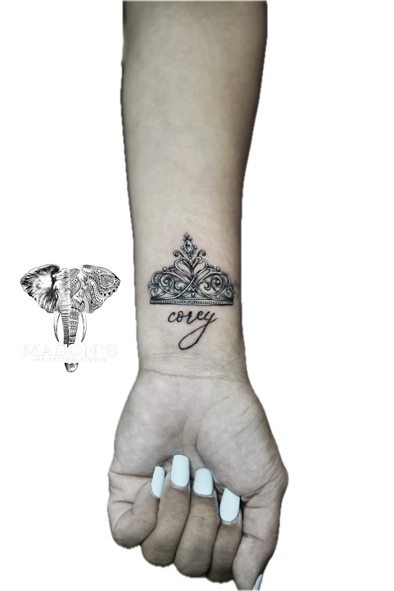 Black and Grey Crown Tattoo by Mason's Ink Tattoo Studio, Bali