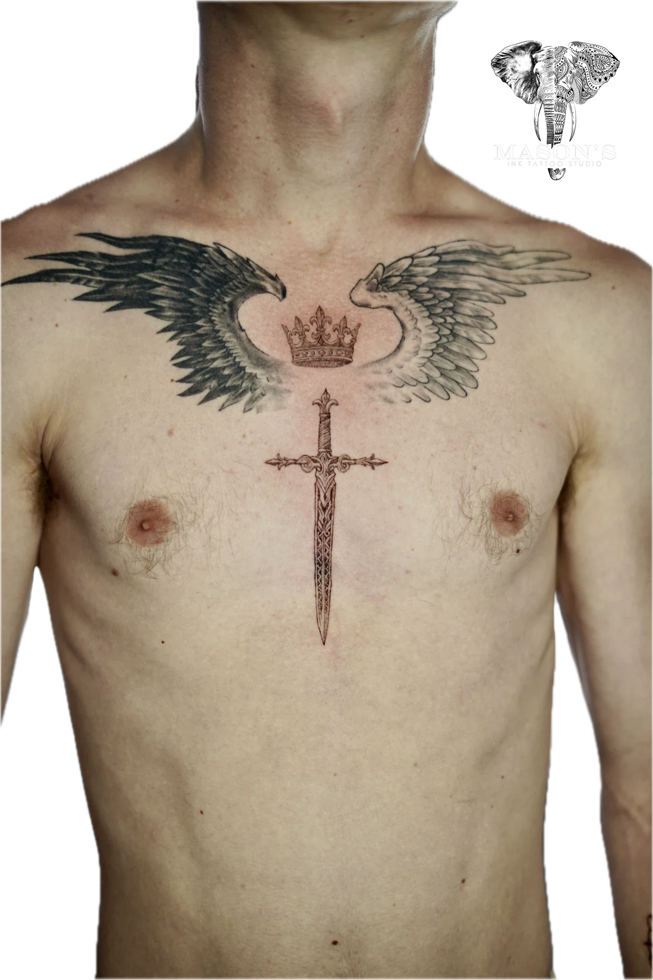 Black and Grey Crown and Sword tattoo by Mason's Ink Tattoo Studio, Bali