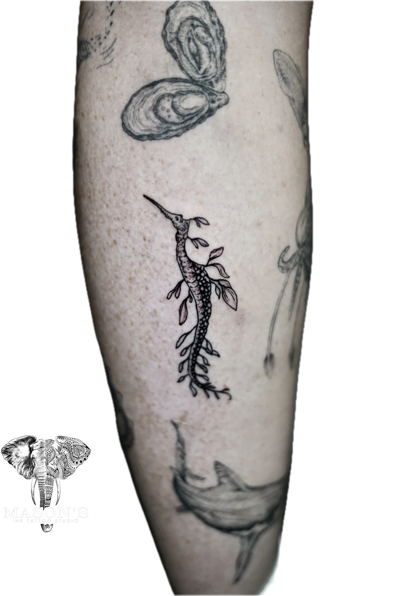 Black and Grey Deep Sea Creature tattoo by Mason's Ink Tattoo Studio, Bali