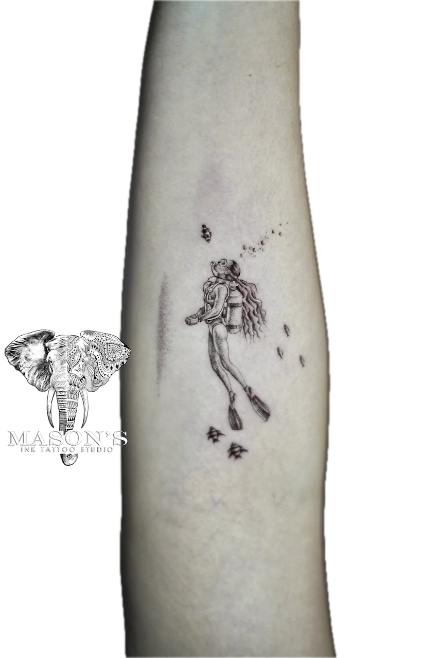 Black and Grey Diving Tattoo Design - Black & Grey tattoo by Mason's Ink Tattoo Studio, Bali