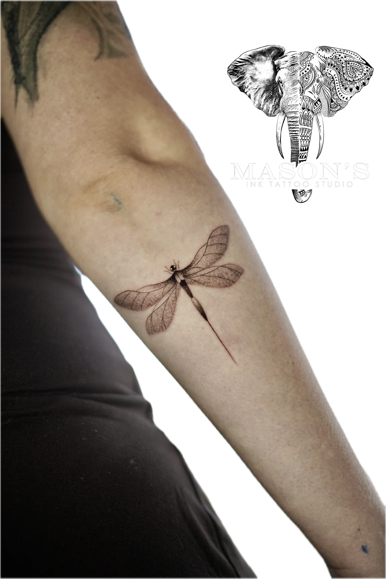 Black and Grey Dragon Fly Tattoo by Mason's Ink Tattoo Studio, Bali