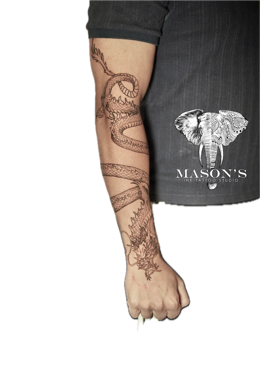 Black and Grey Dragon Tattoo Design: a large black and grey dragon and snake tattoo on a full sleeve