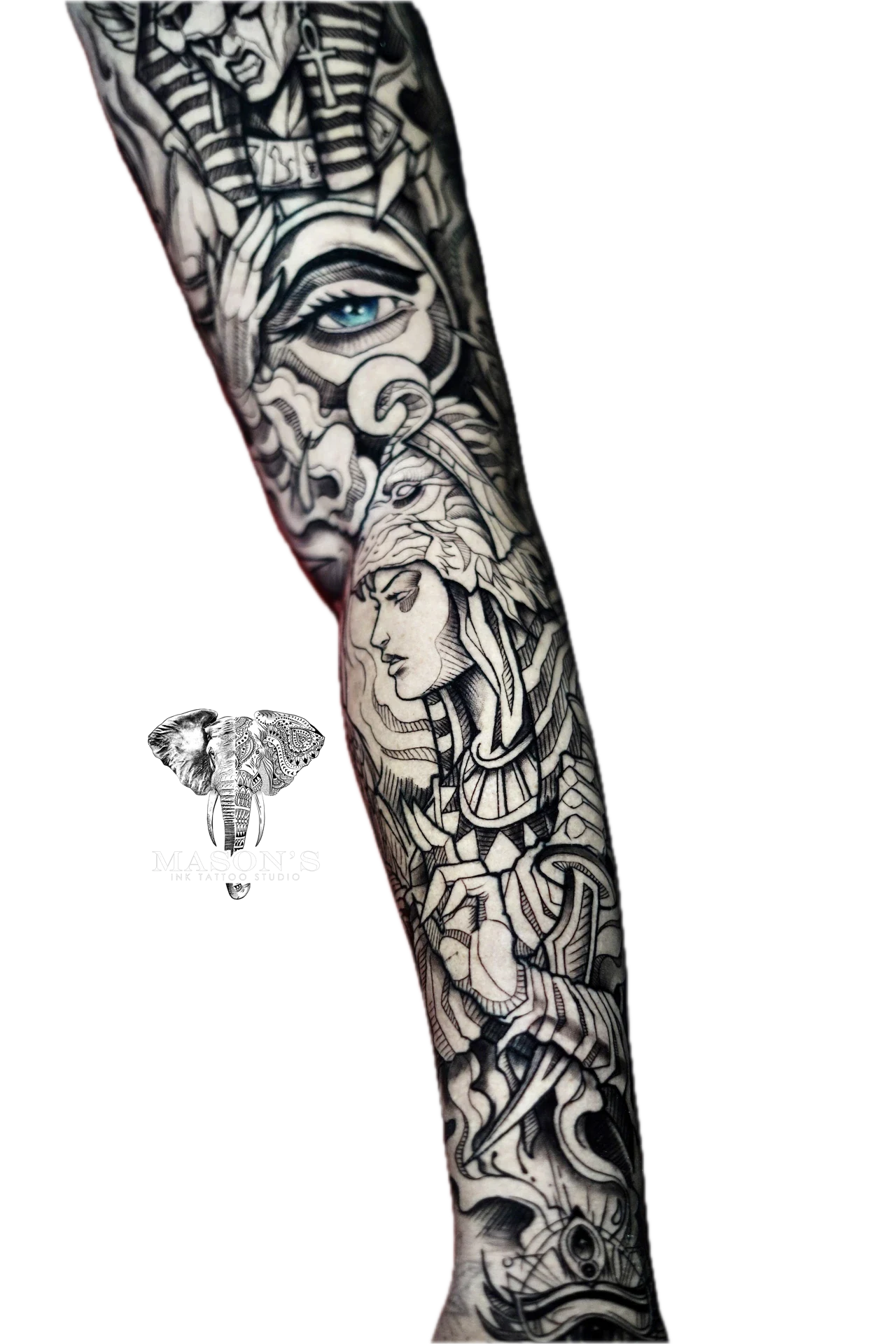 Black and Grey Egypt God and Queen Tattoo by Mason's Ink Tattoo Studio, Bali